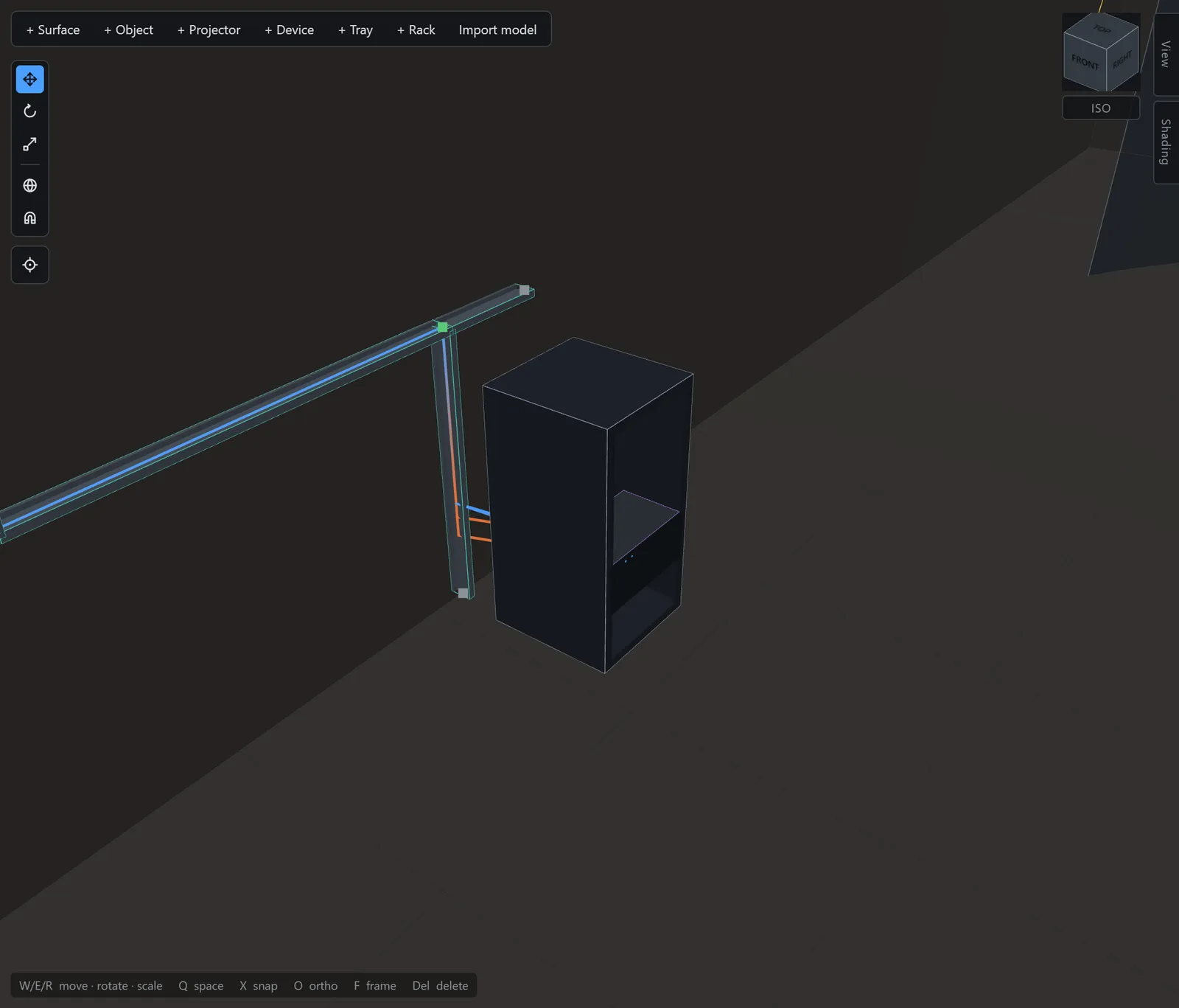 Cable trays routed in 3D with cables dropping to devices below.