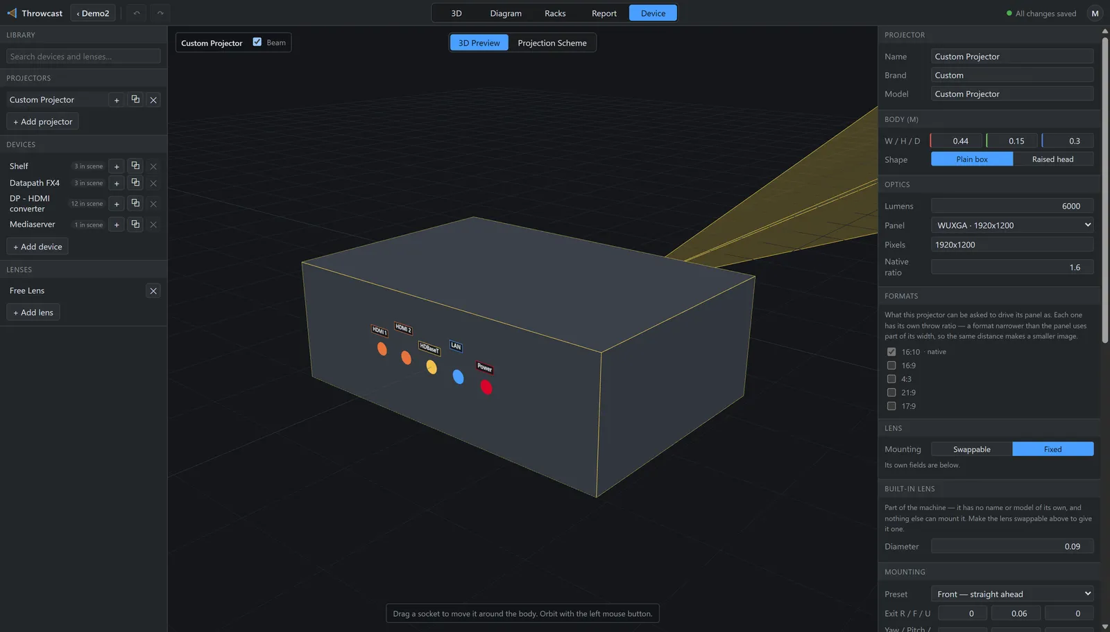 The Device tab: a definition library beside a 3D projector body with its beam and spec sheet.