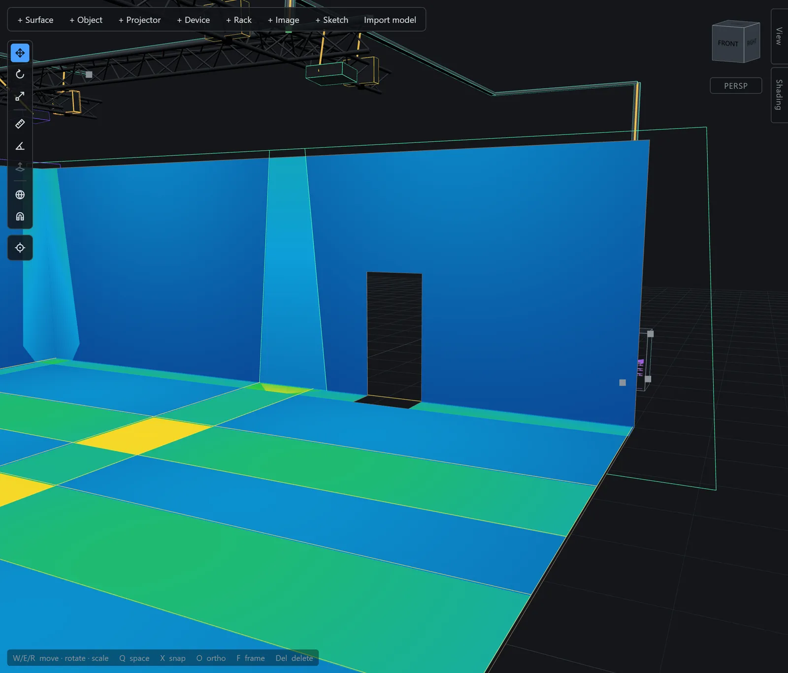 A doorway cut through a lit wall, the lux heatmap unbroken around the opening.