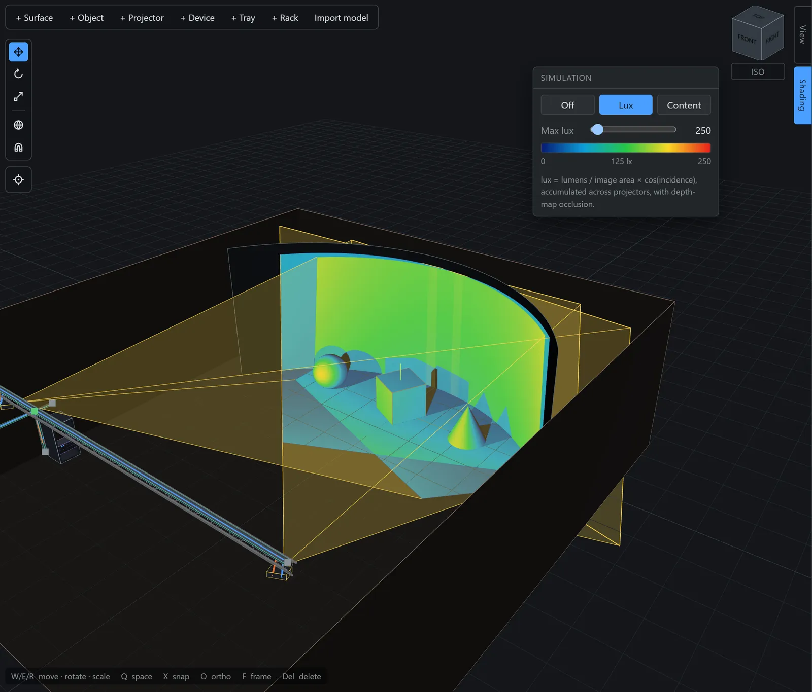 A lux heatmap across a venue in false colour, with the legend and max-lux scale visible.