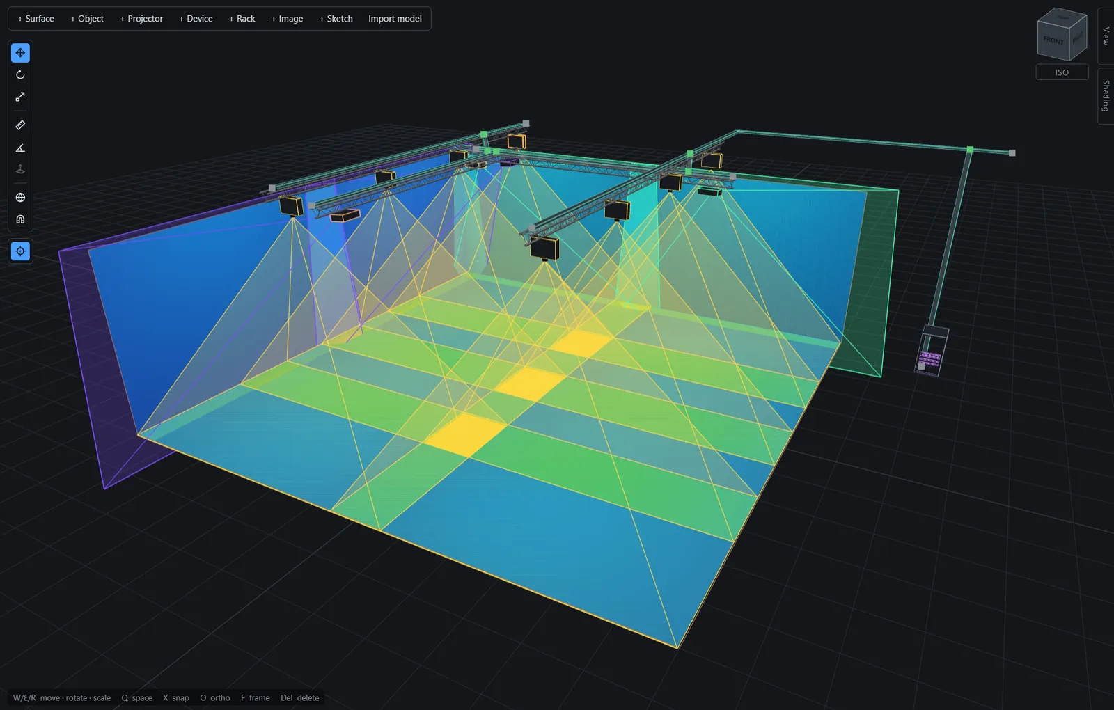 The Throwcast editor: eight truss-mounted projectors throwing amber frustums onto a floor rendered as a false-colour lux heatmap, with a cable tray run leading to a rack.