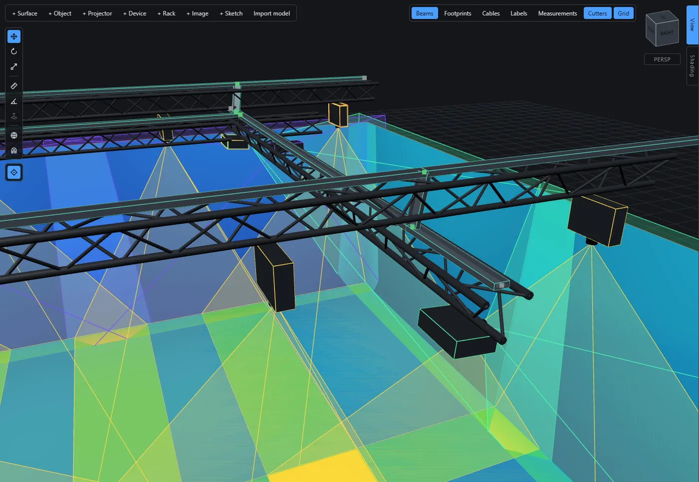 Imported truss models overhead in the viewport, projectors hung from them throwing beams onto a lux-shaded floor.