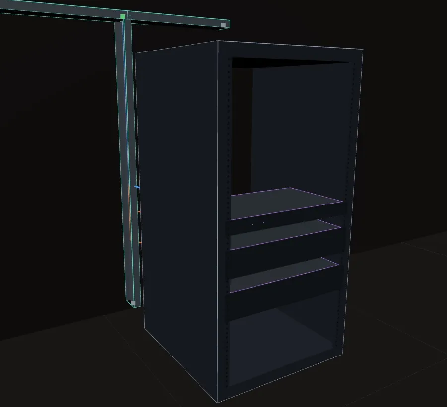 A 3D equipment rack carrying mounted devices and shelves.