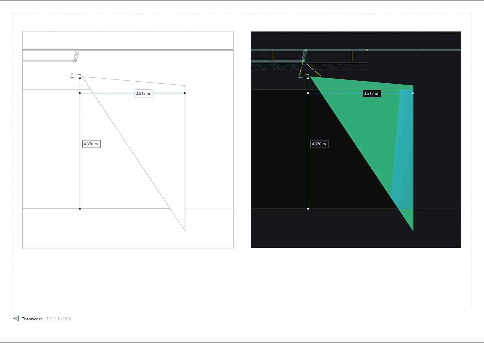 A report sheet carrying a line drawing and the shaded render of the same projector throw.