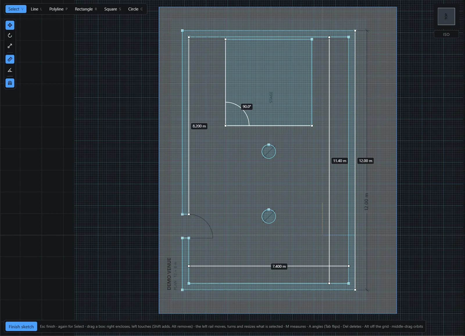 The sketch editor tracing a floor plan with dimensioned lines, rectangles and circles.
