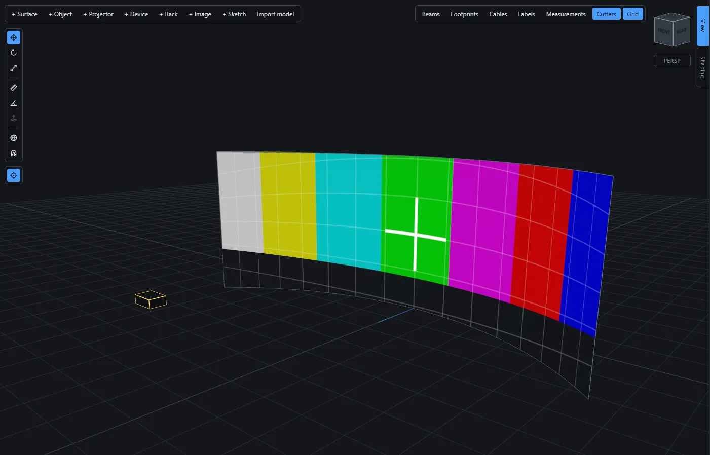 A curved projection surface in the viewport, colour bars previewed across its arc from a projector on the floor in front of it.